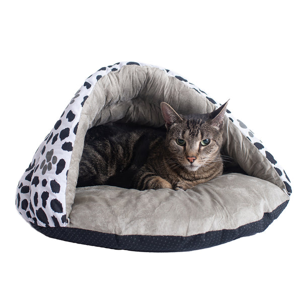 Black, White & Grey Paw Print Canvas Cave Cat Bed from Armarkat