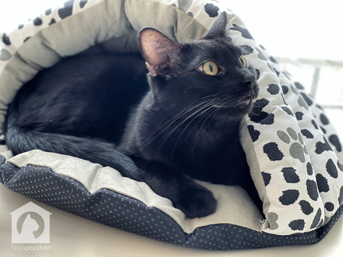 Black, White & Grey Paw Print Canvas Cave Cat Bed from Armarkat