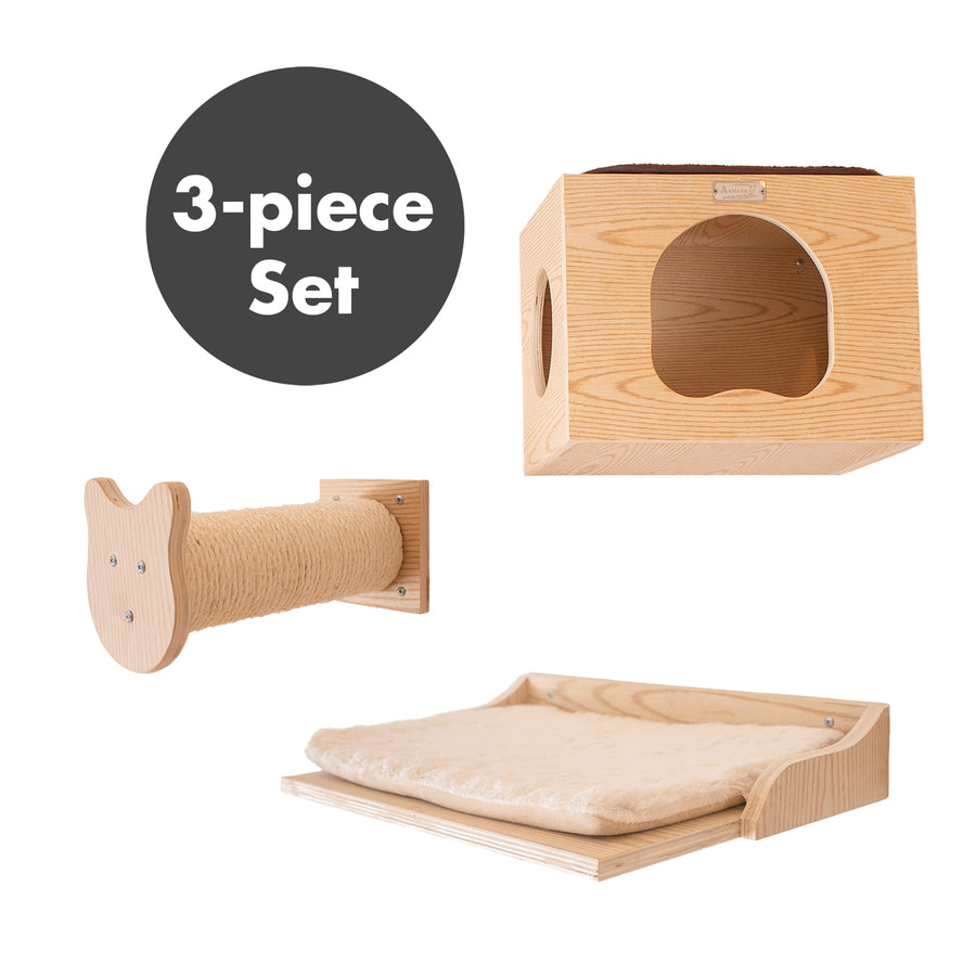 3-piece Wooden Catification Set from Armarkat :: Wall-mounted Cat Shelf, Hideaway & Sisal Climbing/Scratching Pole
