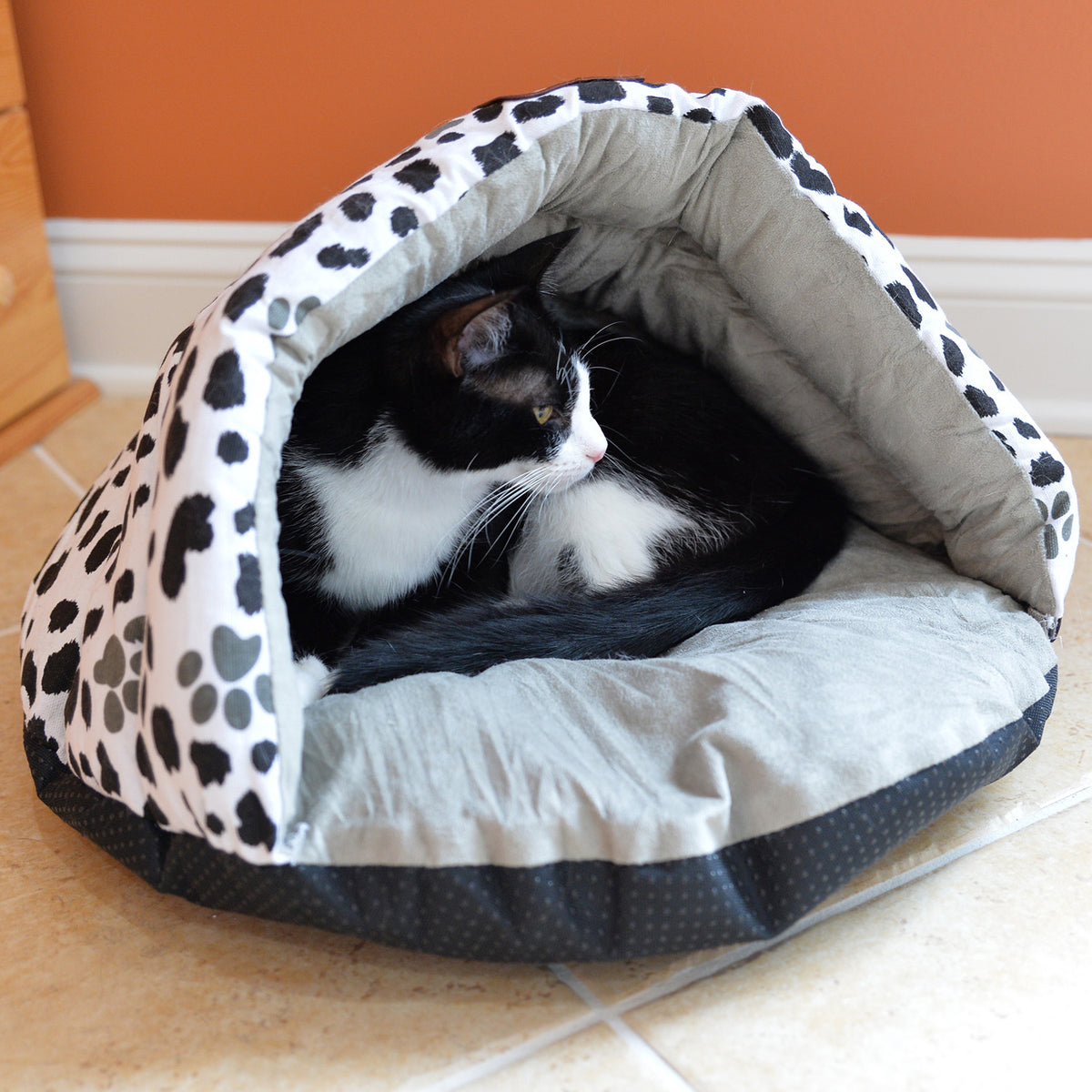 Black, White & Grey Paw Print Canvas Cave Cat Bed from Armarkat
