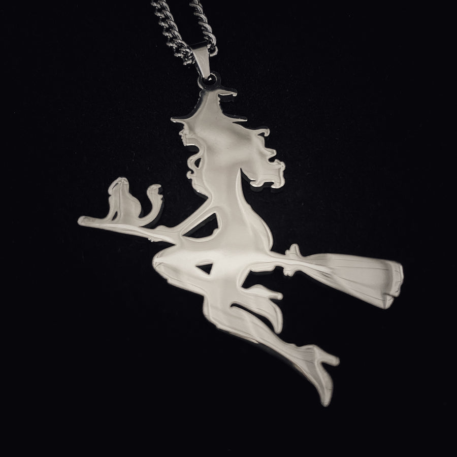 Witch & Cat on Broomstick Pendant
